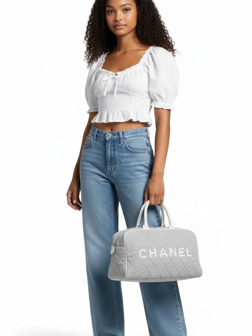 Chanel Sports Line Quilted Logo Bowler Bag Grey Canvas White Leather Trim